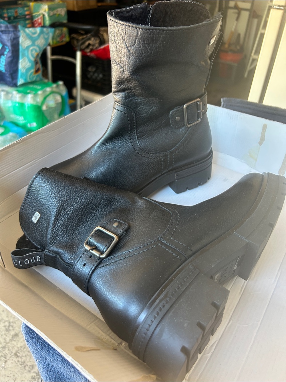 Cloudsport Black Leather Womens Buckle Combat Boots